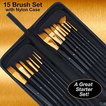 U.S. Art Supply 15 Piece Artist Long Handle Synthetic Paint Brush Set - Multi Functional Watercolor Gouache Oil Acrylic Brush Set in Zippered Nylon Pop-Up Travel Storage Case