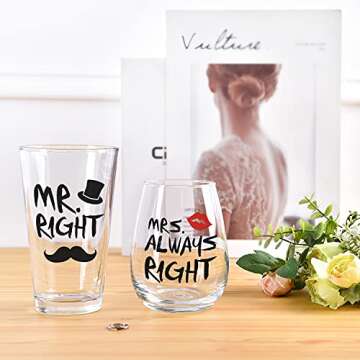 Mr. Right and Mrs. Always Right Stemless Glass Set - Perfect Gift for Couples