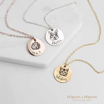 MignonandMignon Personalized Dog Necklace for Women Memorial Gifts for Mom Pet Portrait Custom Cat Name Unique Animal Picture Valentines Gift -LCN-AP (Gold)