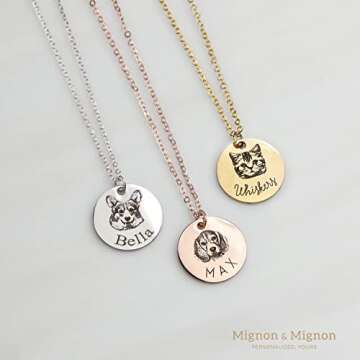 MignonandMignon Personalized Dog Necklace for Women Memorial Gifts for Mom Pet Portrait Custom Cat Name Unique Animal Picture Valentines Gift -LCN-AP (Gold)