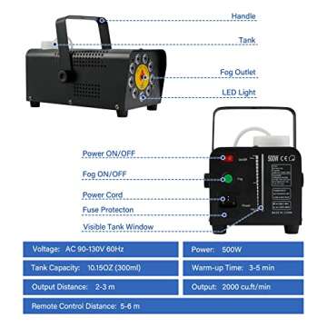 TCFUNDY Fog Machine with 9 LED Lights, 500W Smoke Machine with 12 Color Lights Effect for Halloween Wedding DJ Party Stage, Portable Fog Machine Outdoor with 2-in-1 Remote Control (Horizontal)