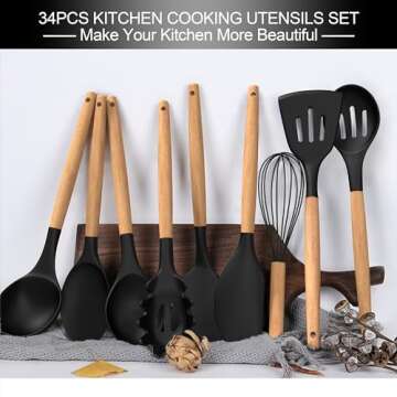 Silicone Cooking Utensils Set, 43Pcs Non-Stick Heat Resistant Kitchen Utensils Spatula Set with Wooden Handle for Baking, Cooking, and Mixing, Best Kitchen Gadgets Tools with Holder (Black)