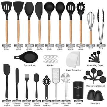 Silicone Cooking Utensils Set, 43Pcs Non-Stick Heat Resistant Kitchen Utensils Spatula Set with Wooden Handle for Baking, Cooking, and Mixing, Best Kitchen Gadgets Tools with Holder (Black)