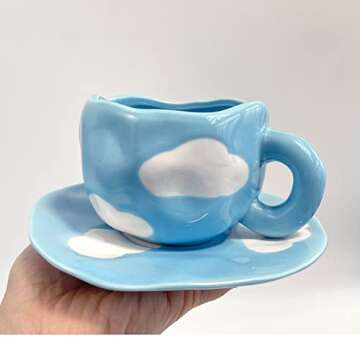 Lioong Cute Irregular Ceramic Coffee Mugs And Saucer Set Cloud Coffee Mugs Tea Cup Gifts for Girls Mum Lovers (Blue)