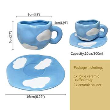 Lioong Cute Irregular Ceramic Coffee Mugs And Saucer Set Cloud Coffee Mugs Tea Cup Gifts for Girls Mum Lovers (Blue)