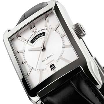 Maurice Lacroix Pontos Rectangulaire Day Date Automatic Silver Dial Black Leather Watch PT6237-SS001-13E