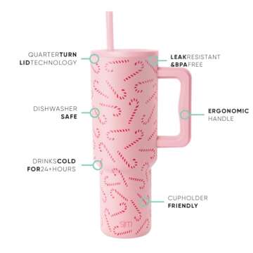 Simple Modern 40 oz Tumbler with Handle and Straw Lid | Insulated Reusable Stainless Steel Water Bottle Travel Mug Cupholder Friendly | Gift for Women Men | Trek Collection | Pink Candy Cane Toss