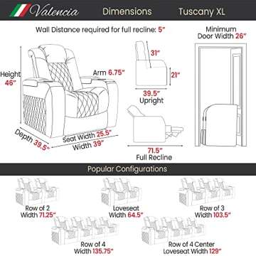 Valencia Tuscany XL Home Theater Seating | Premium Top Grain Italian Nappa 11000 Leather, Power Headrest, Power Lumbar Support, Extra Space, 400 lbs Capacity (Row of 2, Black)