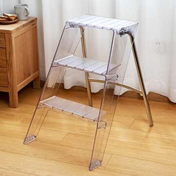 KOLESIN 3 Step Ladder Folding,Acrylic 3 Step stools for Adults with Wide Anti-Slip Pedal,Household Transparent Foldable Step Stool,Creative Home Storage Rack,1.44ft*1.71ft*2.07 ft