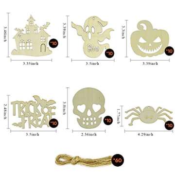 Hidreas 60Pcs Halloween Crafts Unfinished Wooden Ornaments Halloween Craft Kit DIY Wood Cutouts with 60 Pcs Twine Ropes Halloween Crafts for Kids