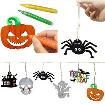 Hidreas 60Pcs Halloween Crafts Unfinished Wooden Ornaments Halloween Craft Kit DIY Wood Cutouts with 60 Pcs Twine Ropes Halloween Crafts for Kids