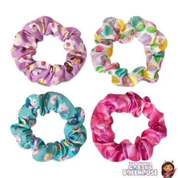 LUV HER Gabby's Dollhouse Cute Scrunchies for Girls of All Ages - 4 Large Hair Scrunchies for Girls - 4 Printed Scrunchies with Your Favorite Characters - Hair Accessories for girls 3+