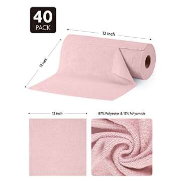 Fantasticlean Microfiber Cleaning Cloth Roll -40 Pack, Tear Away Microfiber Towels, 12" x 12", Reusable, Washable, Scratch Free, Ultra Absorbent Dish Rags for Car, Home, Garage or Shop (Pink)