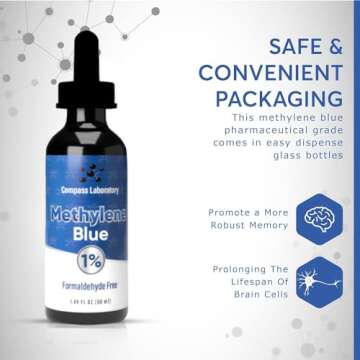 COMPASS LABORATORY Methylene Blue Pharmaceutical Grade, USP Grade, Third-Party Tested Brain Health Dietary Supplement for Humans, No Formaldehyde, Made in USA (1% 50ml Bottle)