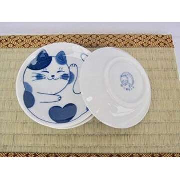 MINO WARE Japanese Small Plate Set Ceramic Cute Cats Design Appetizer Dessert Sushi Sauce Dishes, 3.94 x 0.8 Inches, Set of 4