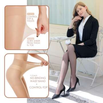 G&Y 3 Pairs Women's Sheer Tights - 20D Control Top Pantyhose with Reinforced Toes(Nude, S)