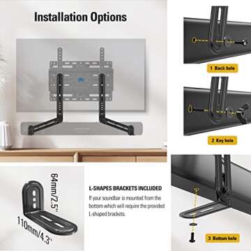 Mounting Dream Soundbar Mount Bracket for Mounting Above or Under TV Fits Most of Sound Bars Up to 15 Lbs, with Detachable Long Extension Plates MD5420