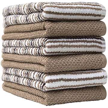 Kitchen Towels 16”x 26” - 6 Pack | Large Cotton Kitchen Hand Towels | Dish Towels | Popcorn Stripe Design | 430 GSM Highly Absorbent Tea Towels Set with Hanging Loop | Dish Towels for Kitchen | Tan