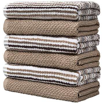 Kitchen Towels 16”x 26” - 6 Pack | Large Cotton Kitchen Hand Towels | Dish Towels | Popcorn Stripe Design | 430 GSM Highly Absorbent Tea Towels Set with Hanging Loop | Dish Towels for Kitchen | Tan