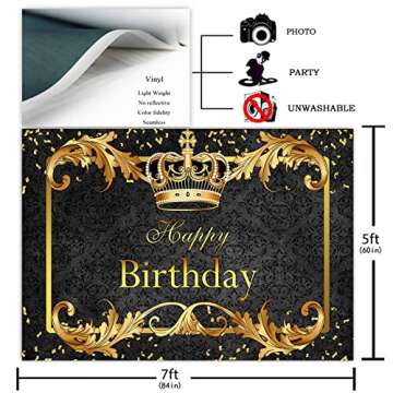 Avezano Prince Birthday Party Backdrop for Boy's Royal Black and Gold Birthday Party Decorations Photography Background King Crown Little Prince Happy Birthday Party Banner Photoshoot (7x5ft)