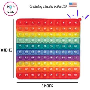 POP-n-Teach 100 Pop It Fidget Toy Rainbow Hundreds Chart for Kids -Counting Toys - Popits for Kids - Count to 100 Numbers - 1st Grade Classroom Must Haves- Bubble Pop Its - Big Square Sensory Toy