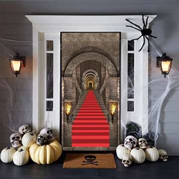 Halloween Door Cover Decorations, 3D Halloween Door Banner, Realistic Castle Entrance Banner, Medieval Themed Stone Backdrop Banner, Gothic Vampire Photo Background for Birthday Party Indoor Outdoor