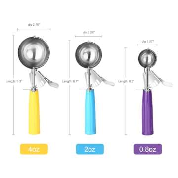 Ice Cream Scoop with Trigger, Cookie Scoops Set of 3 Portion Scoop 18/8 Stainless Steel Cupcake Measuring Scoop for Cookie Dough Cupcake Batter Ice Cream (4 oz + 2 oz + 0.8 oz)