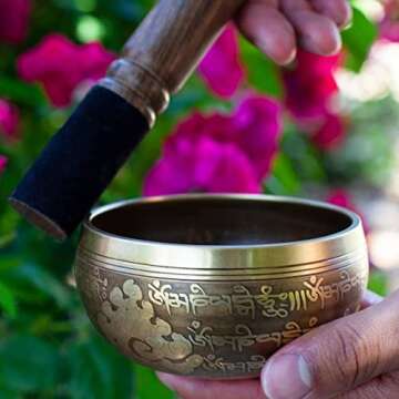 Tibetan Singing Bowl Set Bronze - Master Healing Grade - Pure Tone With Tibetan Thangka Art By Himalayan Bazaar (Gold & Yellow)