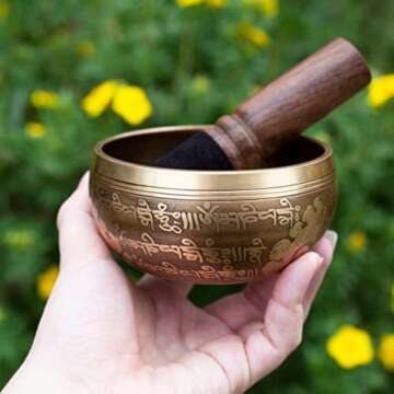 Tibetan Singing Bowl Set Bronze - Master Healing Grade - Pure Tone With Tibetan Thangka Art By Himalayan Bazaar (Gold & Yellow)