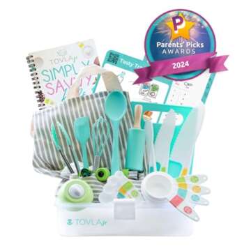 Tovla Jr. Kids Real Cooking and Baking Gift Set with Cookbook and Storage Case- Montessori Complete Cooking Supplies for the Junior Chef - Set for Girls & Boys - Utensils and Kid Safe Knives.