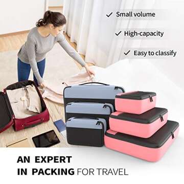 EASYFUN 6 Set of Packing Cubes for Travel Luggage Packing Organizers with 3 Various Size, Suitcase Organizer Bags for Travel Accessories, Grey Pink