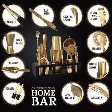 Highball & Chaser Bartender Kit with Black Bamboo Stand Beautiful Cocktail Shaker Set and Bar Tools Stainless Steel Boston Shaker Bartender Kit with Stand (Antique Gold)