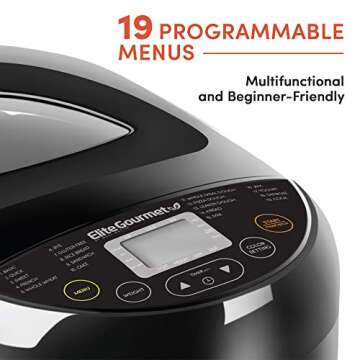 Elite Gourmet EBM8103B Programmable Bread Maker Machine 3 Loaf Sizes, 19 Menu Functions Gluten Free White Wheat Rye French and more, 2 Lbs, Black