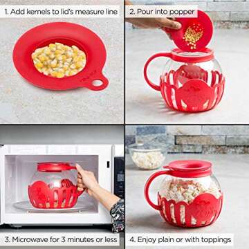 Ecolution Patented Micro-Pop Microwave Popcorn Popper with Temperature Safe Glass, 3-in-1 Lid Measures Kernels and Melts Butter, Made Without BPA, Dishwasher Safe, 3-Quart, Red