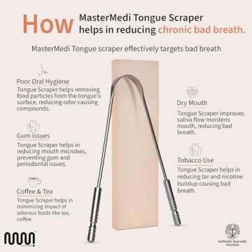 MasterMedi Tongue Scraper for Adults, 100% Stainless Steel Tongue Scrubber for Bad Breath, Easy to Use, Tongue Cleaner for Oral Care & Hygiene (Set of 3 (with Travel Case))