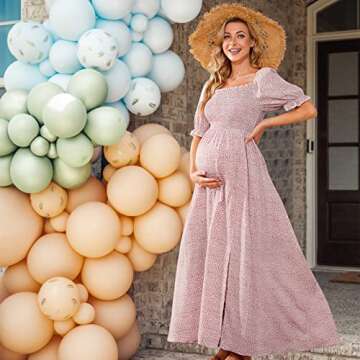 Floral Maternity Dress for Photoshoot Baby Shower, Square Neck Puff Sleeve Maternity Boho Smocked Pregnancy Dresses Pink