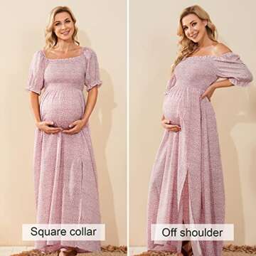 Floral Maternity Dress for Photoshoot Baby Shower, Square Neck Puff Sleeve Maternity Boho Smocked Pregnancy Dresses Pink