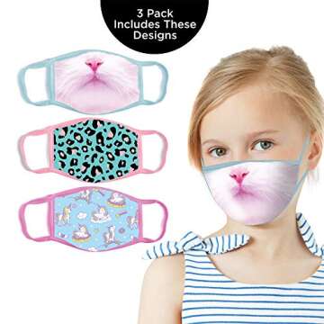 ABG Accessories Girls' 3-Pack Kid Fashionable Protection, Reusable Fabric Face Mask Age 3-7, Unicorn Design, 3 Count (Pack of 1)