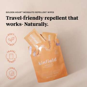 Kinfield Golden Hour Wipes - Natural, Long-Lasting Insect Repellent for Outdoor Adventures and Indoor Use - TSA Approved, Cruelty-Free Skincare - 12 Individually Wrapped Towelettes