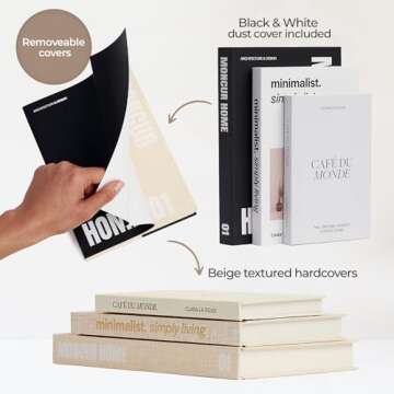 MONCUR HOME Fake Books for Decoration Set of 3 Coffee Table Books Neutral Home Decor Black & White Decor Books Coffee Table Decor Removable Covers Real Blank Pages Modern Home Decor Aesthetic