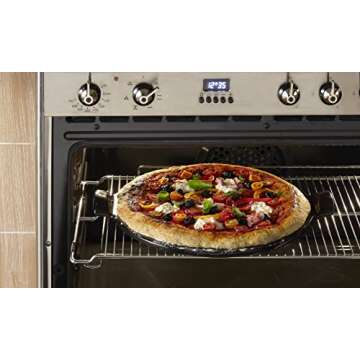 Emile Henry Made in France Flame Top Pizza Stone, Black. Perfect for Pizzas or Breads. In the Oven, On Top of the BBQ. Safe up to 750 degrees F. 100% Natural Clay, Glazed Surface. Easy to Clean.