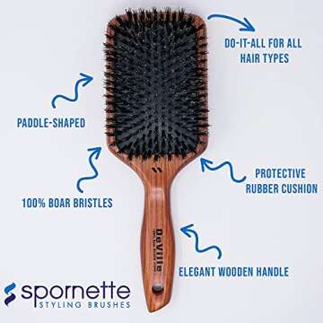 Spornette Deville Cushion Paddle Brush, Boar Bristle Hair Brush with Wooden Handle - For Straightening, Smoothing, Detangling, Styling & Brush Outs for Women, Men, & Kids - All Hair Types