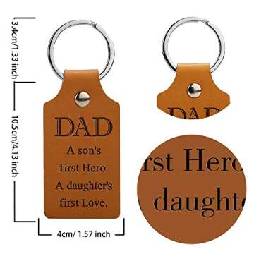 E-Know Fathers' Day Key Chain,Genuine Leather Key Chain for Dad-A Son’s First Hero A Daughter’s First Love Father Day Gifts from Daughter or Son