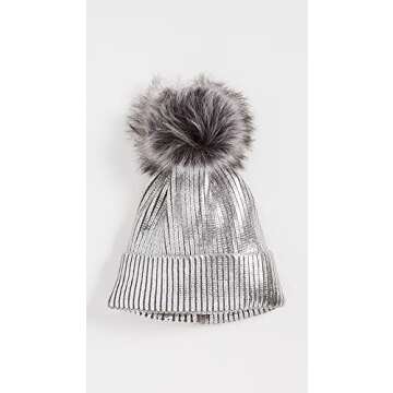 Adrienne Landau Women's Metallic Hat with Pom, Silver, One Size