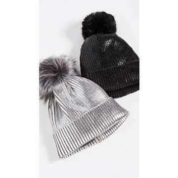 Adrienne Landau Women's Metallic Hat with Pom, Silver, One Size