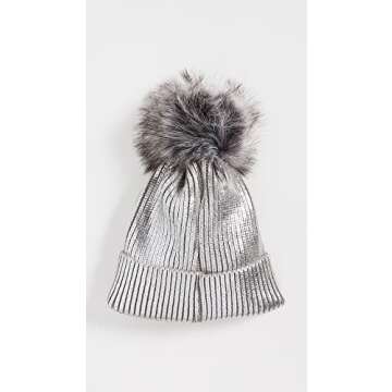 Adrienne Landau Women's Metallic Hat with Pom, Silver, One Size