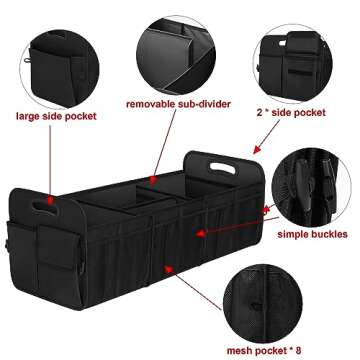 Femuar Large Capacity Trunk Organizer, Waterproof Car Accessory, Non-Slip, Foldable, Suitable for All Vehicles, Black