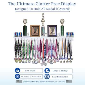 4ft- Medal Awards Rack Premier Medal Hanger Display Rack and Trophy Shelf for Gymnastics, Soccer, Basketball, Football, and More. The Largest Medal and Award Display- 48” - White