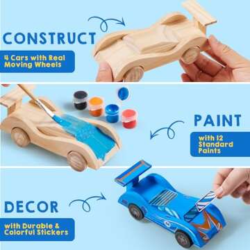 Klever Kits 4 DIY Wooden Race Cars-Build & Paint Your Own Wood Craft Kit, 4 Race Cars Toy, Easy to Assemble Arts Crafts Kit, Birthday Party Presents for Kids Boys Ages 6 and Up