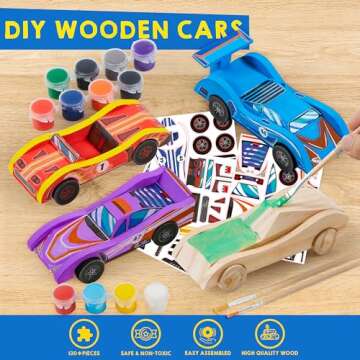 Klever Kits 4 DIY Wooden Race Cars-Build & Paint Your Own Wood Craft Kit, 4 Race Cars Toy, Easy to Assemble Arts Crafts Kit, Birthday Party Presents for Kids Boys Ages 6 and Up